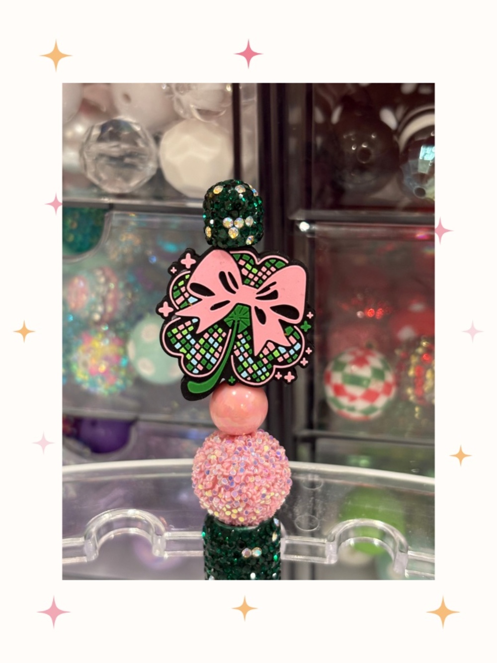 Handmade St Patricks Pink Bow Rhinestone Beaded Pen